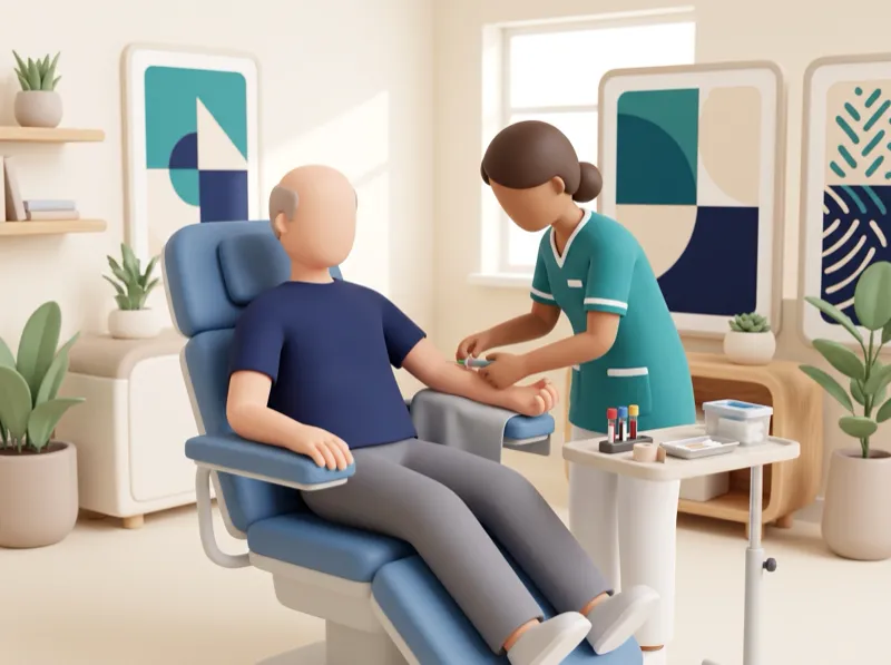 Illustration: a nurse draws a blood sample from a patient in a clinic chair.