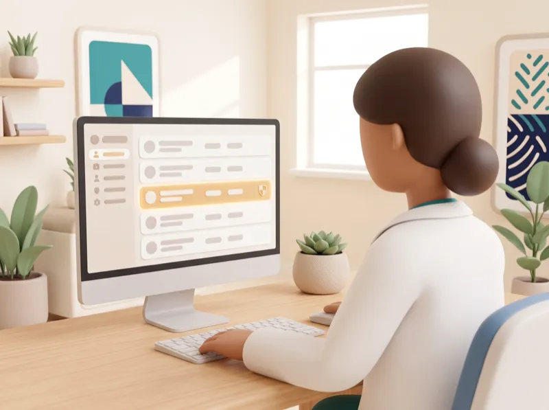 Illustration: a clinician at a desk looks at a patient list with one row highlighted.