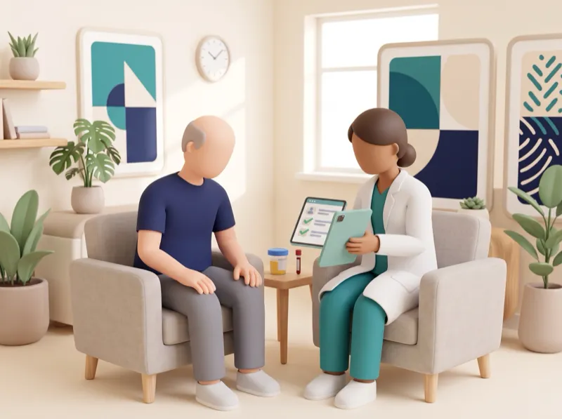 Illustration: the clinician and the patient talk, with a tablet checklist and sample containers nearby.