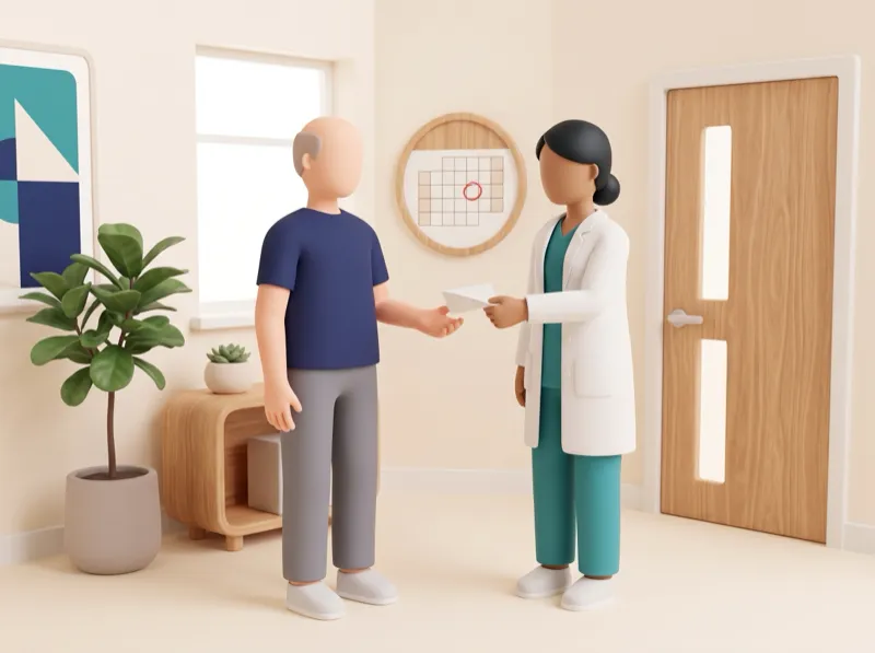 Illustration: the clinician hands the patient a care-plan card near the clinic door.